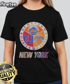 Alt Text: Official New York Knicks, Mets, and Giants mashup logo on a stylish ladies tee, perfect for NYC sports fans.