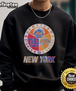 Official New York Knicks, Mets, and Giants mashup logo sweatshirt featuring vibrant team colors and unique design.