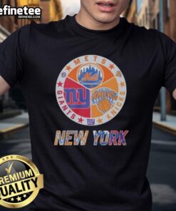 Official New York Knicks, Mets, and Giants mashup logo t-shirt showcasing team spirit and style for NYC sports fans.