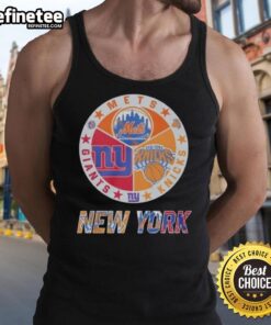 Official New York Knicks, Mets, and Giants mashup logo tank top featuring vibrant team colors and graphics.