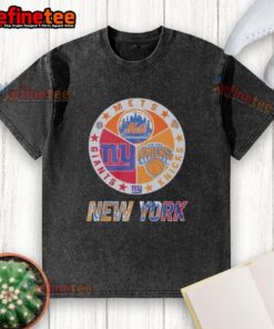 Official New York Knicks, Mets, Giants mashup logo on a washed t-shirt, perfect for NYC sports fans.