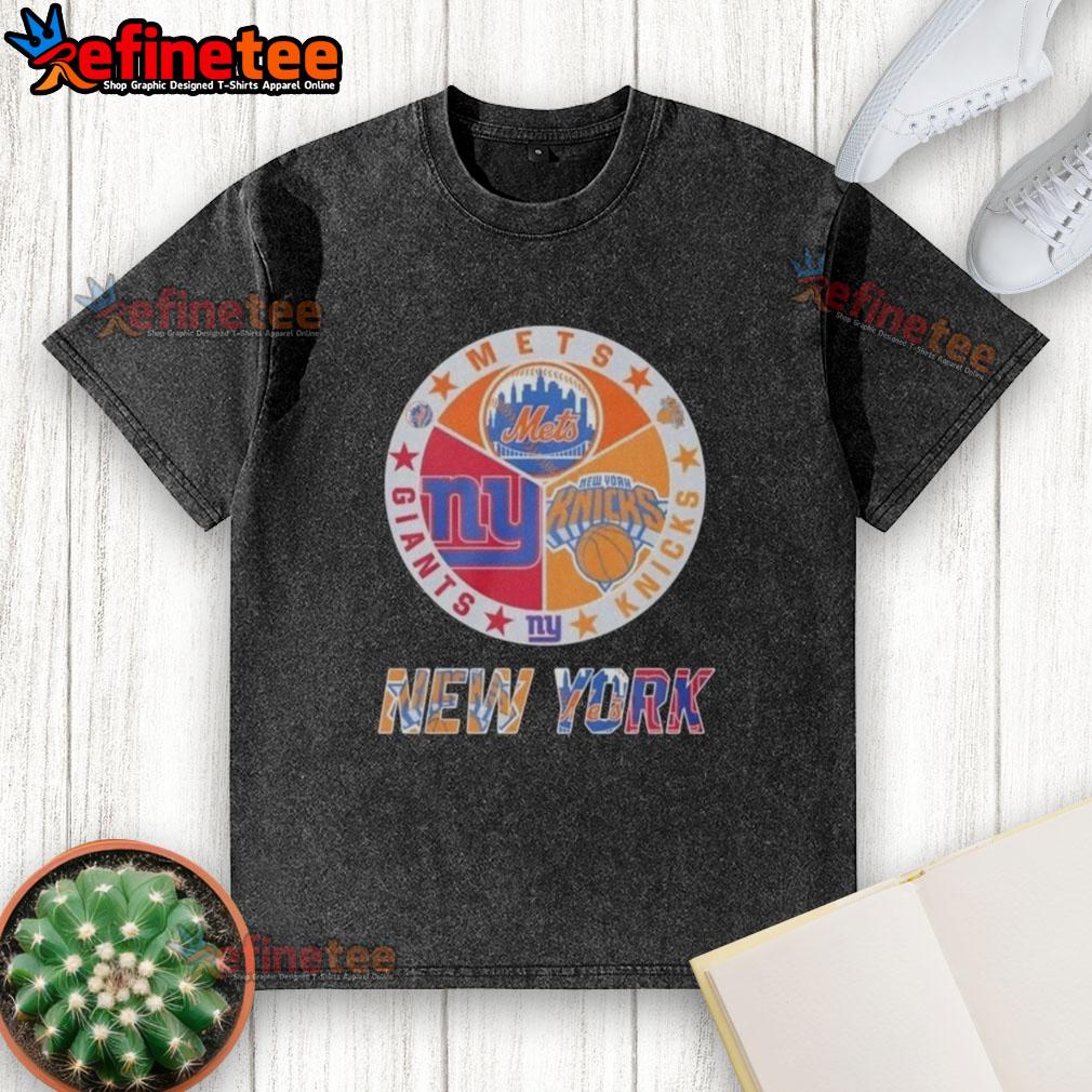 official-new-york-knicks-new-york-mets-new-york-giants-mashup-logo-washed-t-shirt Official New York Knicks, Mets, Giants mashup logo on a washed t-shirt, perfect for NYC sports fans.