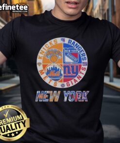 Official New York Knicks, Mets, Giants, Rangers mashup logo T-shirt showcasing iconic NYC sports team designs.