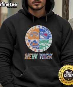 Official New York Knicks, Mets, Jets, Rangers mashup logo hoodie featuring vibrant team colors and designs.