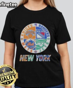 Alt Text: Ladies tee featuring a mashup logo of the New York Knicks, Mets, Jets, and Rangers, perfect for NYC sports fans.