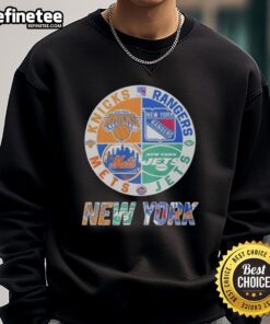 Alt Text: Official New York Knicks, Mets, Jets, Rangers mashup logo sweatshirt featuring vibrant team colors and design.