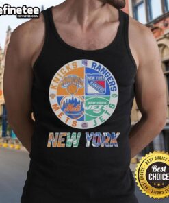Official New York Knicks, Mets, Jets, Rangers mashup logo tank top featuring team colors and iconic logos.