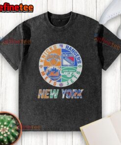 Alt Text: Official New York Knicks, Mets, Jets, and Rangers mashup logo on a stylish washed t-shirt for sports fans.