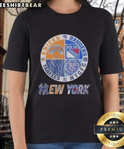 Alt Text: Official New York Knicks, Rangers, Yankees, CFC mashup logo on a ladies tee, perfect for NYC sports fans.
