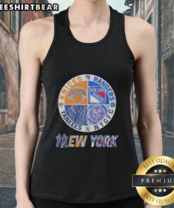 Official New York Knicks, Rangers, Yankees mashup logo tank top featuring iconic team designs for sports fans.