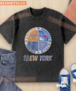 Official New York Knicks, Rangers, Yankees CFC mashup logo on a washed t-shirt, showcasing NYC sports pride and style.