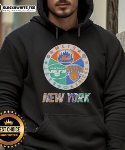 Alt Text: Official New York Mets, Jets, and Knicks mashup logo hoodie showcasing vibrant team colors and unique design.