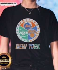 Official New York Mets, Jets, and Knicks mashup logo on a ladies tee, showcasing NYC sports team pride and style.