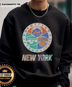 Official New York Mets, Jets, and Knicks mashup logo sweatshirt featuring vibrant team colors and unique design.
