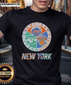Official New York Mets, Jets, and Knicks mashup logo T-shirt featuring iconic team colors and designs for fans.
