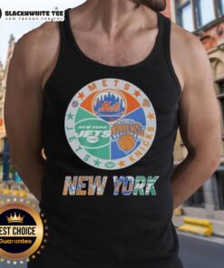 Alt Text: Official New York Mets, Jets, and Knicks mashup logo tank top showcasing vibrant team colors and designs.