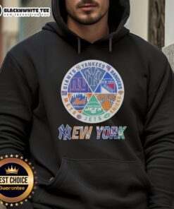 Official New York Mets, Knicks, Giants, and Rangers mashup logo hoodie showcasing iconic team designs and vibrant colors.