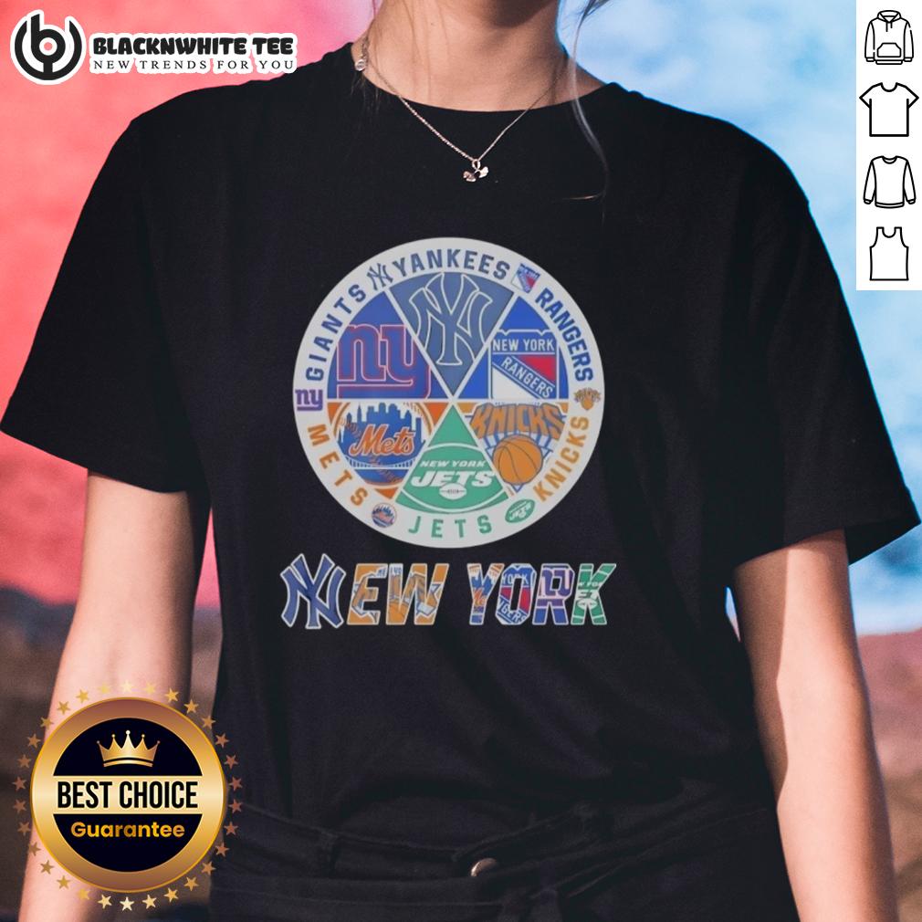 Official New York Mets New York Knicks New York Giants New York Knicks And Rangers Mashup Logo Ladies-Tee Alt Text: Official New York Mets, Knicks, Giants, and Rangers mashup logo on a stylish ladies tee, perfect for sports fans.