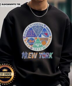 Official New York Mets, Knicks, Giants, and Rangers mashup logo sweatshirt showcasing iconic NYC sports teams.