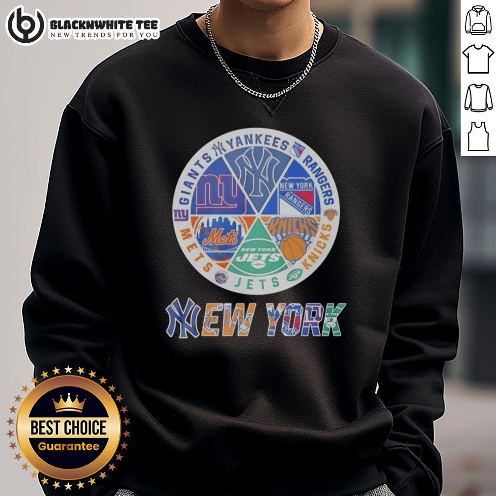 Official New York Mets New York Knicks New York Giants New York Knicks And Rangers Mashup Logo Sweatshirt Official New York Mets, Knicks, Giants, and Rangers mashup logo sweatshirt showcasing iconic NYC sports teams.