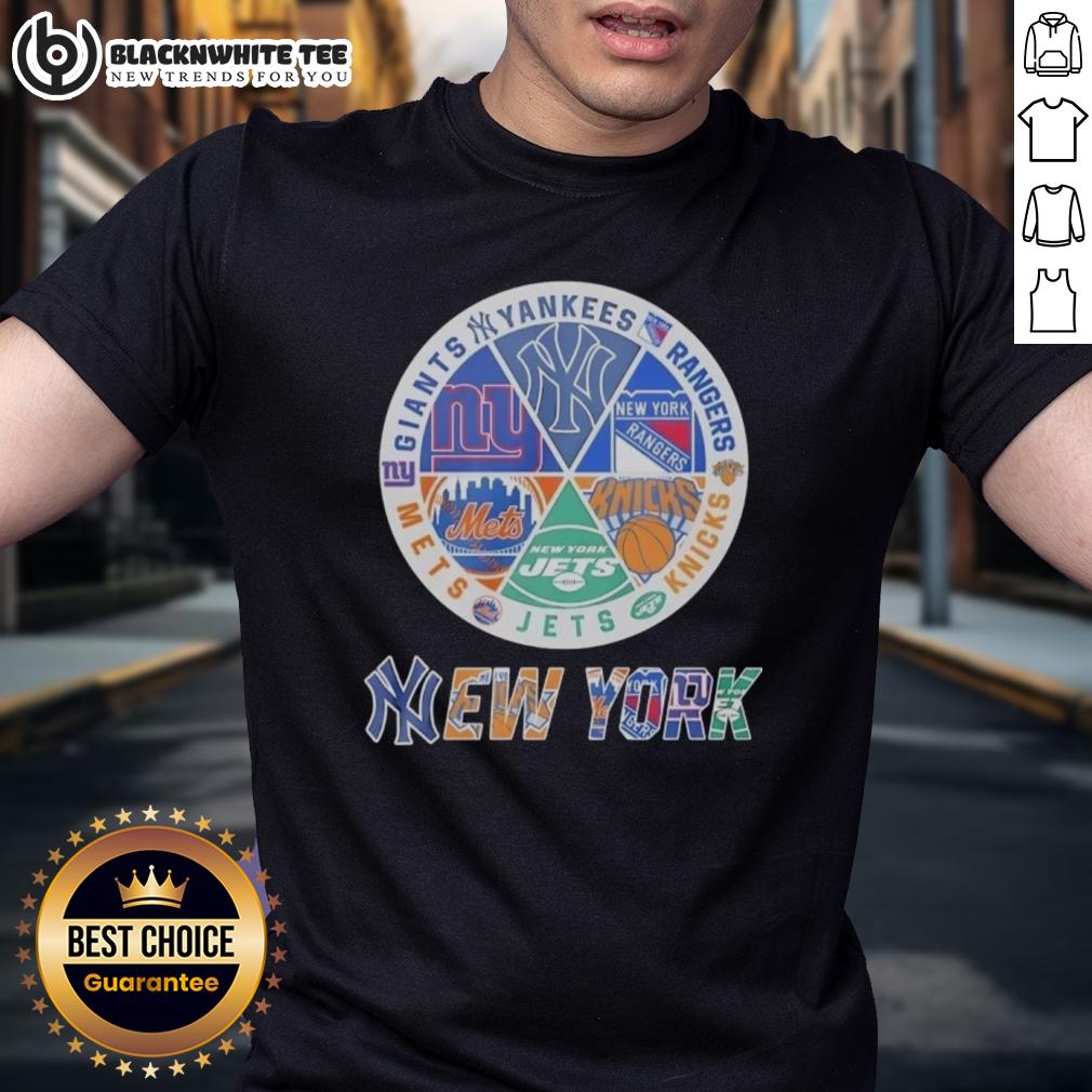 Official New York Mets New York Knicks New York Giants New York Knicks And Rangers Mashup Logo T-Shirt Official New York Mets, Knicks, Giants, and Rangers mashup logo T-shirt showcasing iconic NYC sports teams.