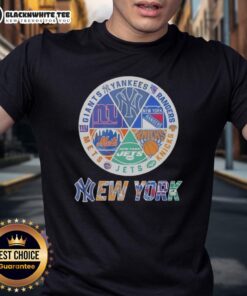 Official New York Mets, Knicks, Giants, and Rangers mashup logo T-shirt showcasing iconic NYC sports teams.