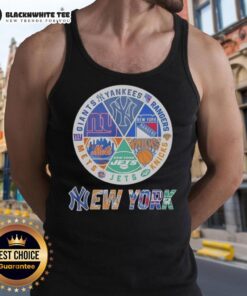 Official New York Mets, Knicks, Giants, and Rangers mashup logo tank top featuring vibrant team colors and designs.