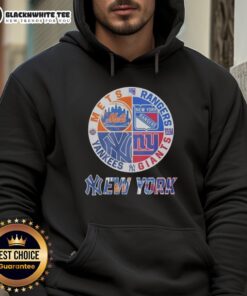Official New York Mets, Rangers, Yankees, Giants mashup logo hoodie showcasing iconic team logos in vibrant design.