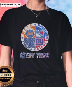 Alt Text: Official New York Mets, Rangers, Yankees, Giants mashup logo on a ladies tee, perfect for NYC sports fans.