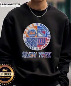 Official New York Mets, Rangers, Yankees, Giants mashup logo sweatshirt featuring team colors and design.