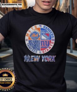 Official New York Mets, Rangers, Yankees, Giants mashup logo T-shirt showcasing iconic NYC sports team designs.