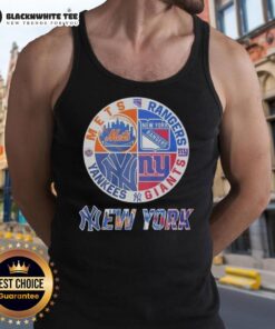 Alt Text: Official New York Mets, Rangers, Yankees, and Giants mashup logo on a stylish tank top for sports fans.