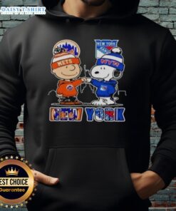 Alt Text: Official New York Mets New York Rangers Snoopy Hoodie featuring vibrant team logos and a playful Snoopy design.