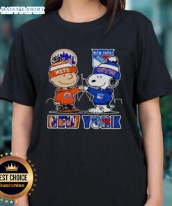 Alt Text: Official New York Mets and New York Rangers Snoopy ladies tee featuring a fun graphic design, perfect for fans.
