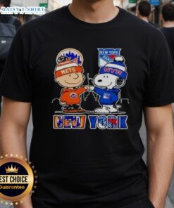 Alt Text: Official New York Mets New York Rangers Snoopy T-Shirt featuring iconic Snoopy graphic in team colors.