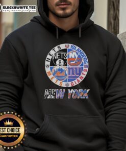 Alt Text: Official New York Nets, Islanders, Mets, Giants mashup logo hoodie showcasing team spirit and style.