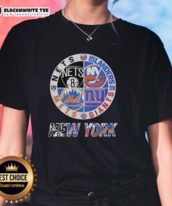 Alt Text: Official New York Nets, Islanders, Mets, Giants mashup logo on a ladies tee, perfect for NYC sports fans.