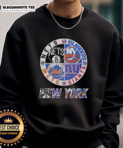 Alt Text: Official New York Nets, Islanders, Mets, Giants mashup logo sweatshirt featuring team colors and unique design.