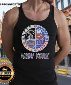 Alt Text: Mashup logo tank top featuring New York Nets, Islanders, Mets, and Giants for sports fans.