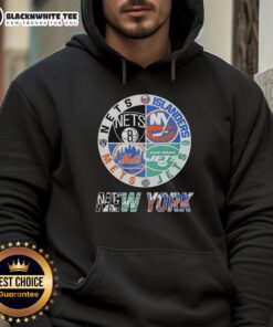 Official New York Nets, Islanders, Mets, and Jets mashup logo hoodie showcasing team pride and style.
