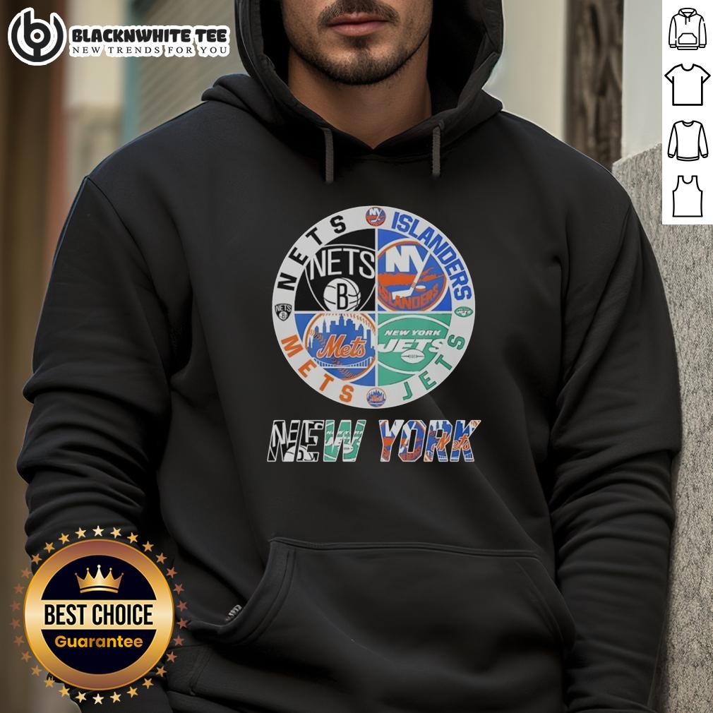 Official New York Nets New York Islanders New York Mets New York Jets Mashup Logo Hoodie Official New York Nets, Islanders, Mets, and Jets mashup logo hoodie showcasing team pride and style.