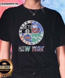 Official New York Nets, Islanders, Mets, and Jets mashup logo on a ladies tee, perfect for NYC sports fans.