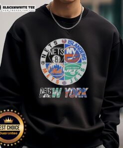 Official New York Nets, Islanders, Mets, Jets mashup logo sweatshirt featuring team colors and designs for fans.