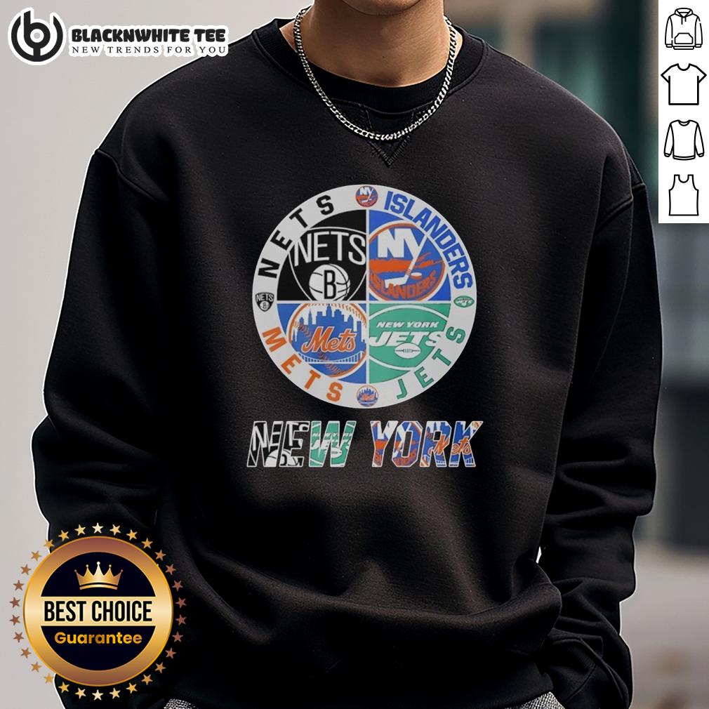 Official New York Nets New York Islanders New York Mets New York Jets Mashup Logo Sweatshirt Official New York Nets, Islanders, Mets, Jets mashup logo sweatshirt featuring team colors and designs for fans.