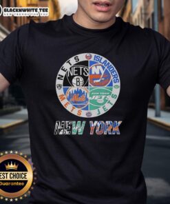 Official New York Nets, Islanders, Mets, and Jets mashup logo T-shirt featuring vibrant team graphics and colors.