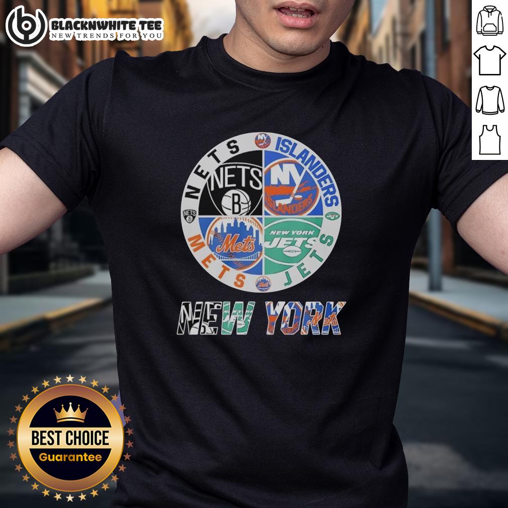 Official New York Nets New York Islanders New York Mets New York Jets Mashup Logo T-Shirt Official New York Nets, Islanders, Mets, and Jets mashup logo T-shirt featuring vibrant team graphics and colors.