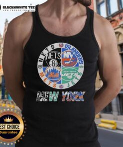 Alt Text: Official New York Nets, Islanders, Mets, Jets mashup logo tank top featuring team colors and iconic logos.