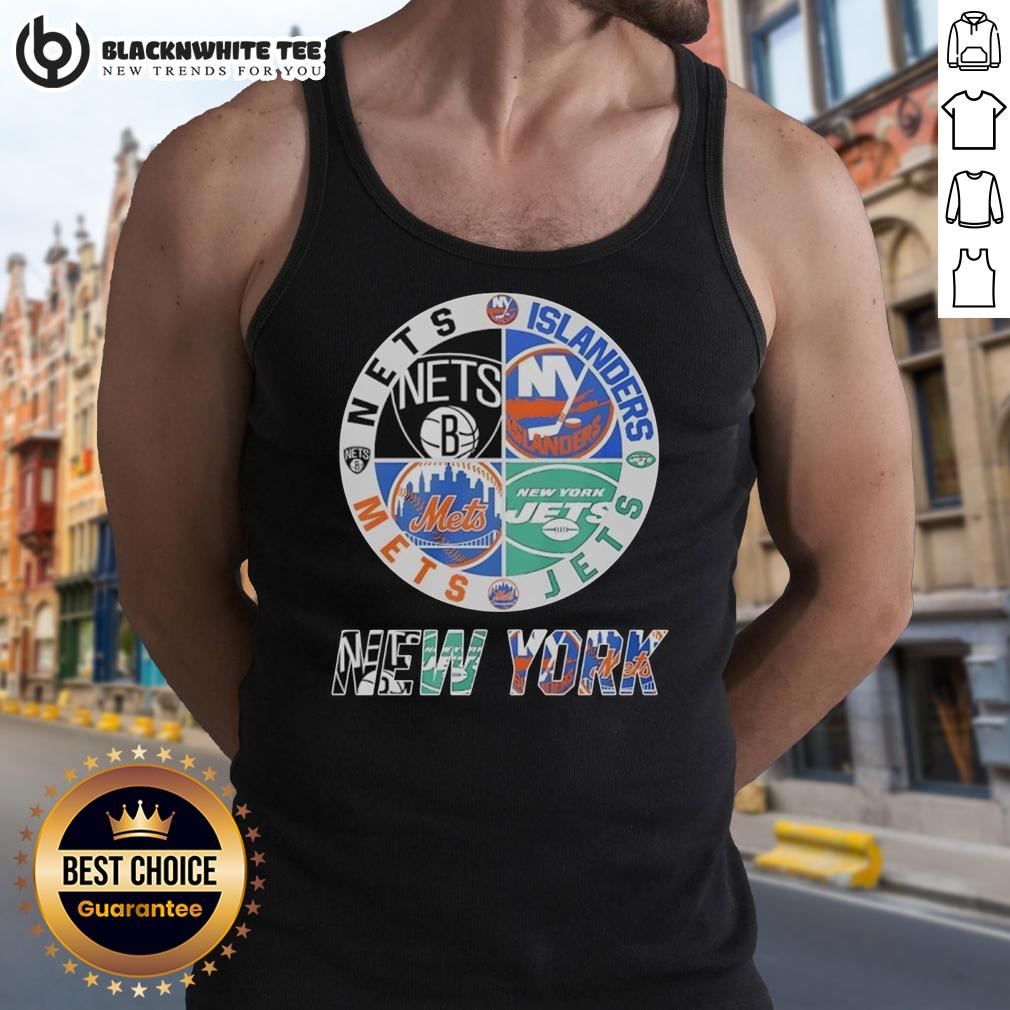 Official New York Nets New York Islanders New York Mets New York Jets Mashup Logo Tank Top Alt Text: Official New York Nets, Islanders, Mets, Jets mashup logo tank top featuring team colors and iconic logos.