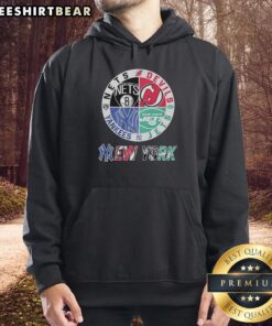 Alt Text: Official New York Nets, Devils, Mets, and Jets mashup logo hoodie featuring vibrant team colors and designs.