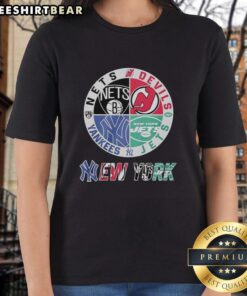 Alt Text: Official New York Nets, Devils, Mets, and Jets mashup logo on a ladies tee, showcasing NYC sports team pride.